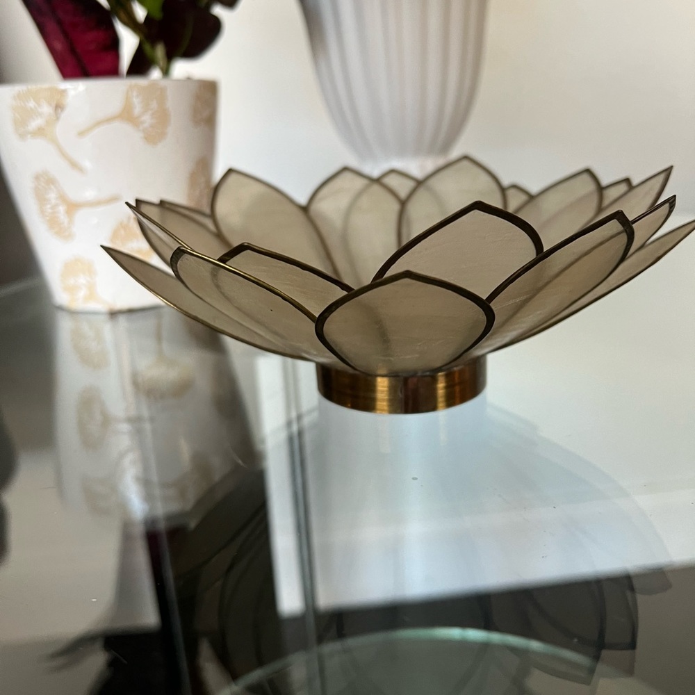 Vintage Brass and Capiz Shell Lotus Flower Candle Holder